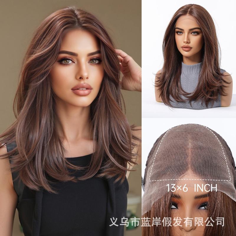 * HD large area lace wig medium black brown long straight hair fashion full hood lace Wig