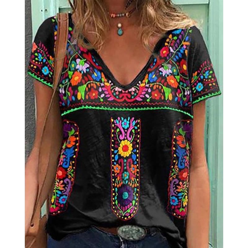 Summer V-neck 3D Retro Printed Top Fashionable Casual Short Sleeved Women's T-shirts