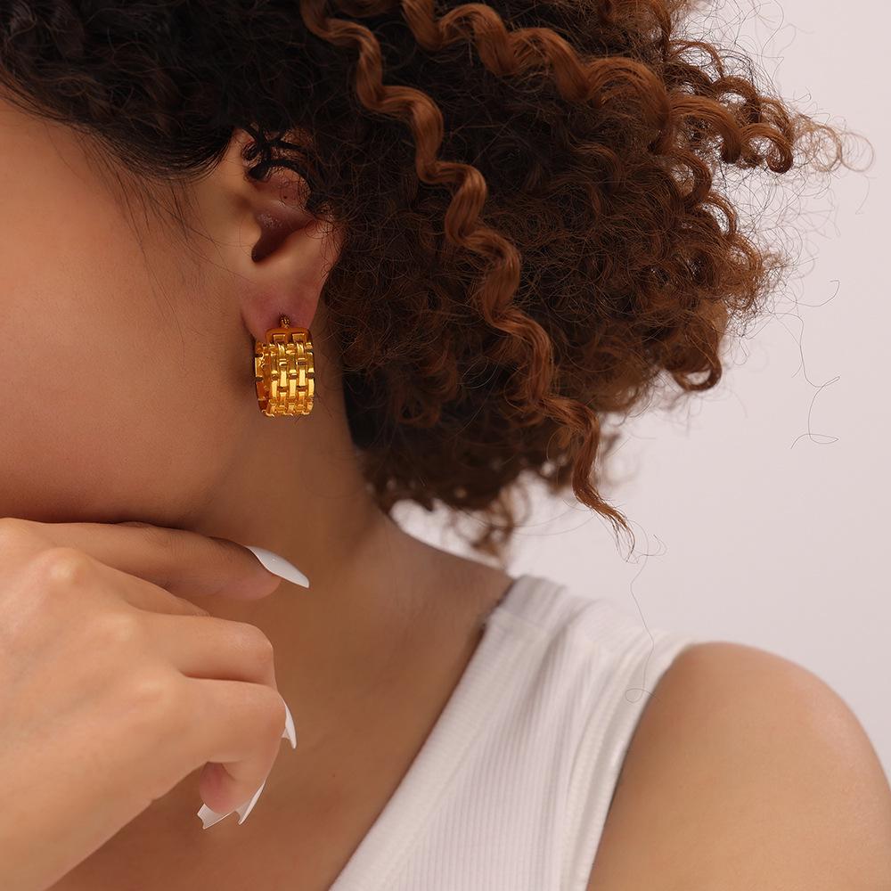 European-INS Style C-Shaped Titanium Steel Earrings for Women, Hollow Carved, Non-Fading