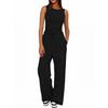 Women's Casual Two Piece Outfit Sleeveless Ruched Tank Top Drawstring High Waist Wide Leg Pants Tracksuit