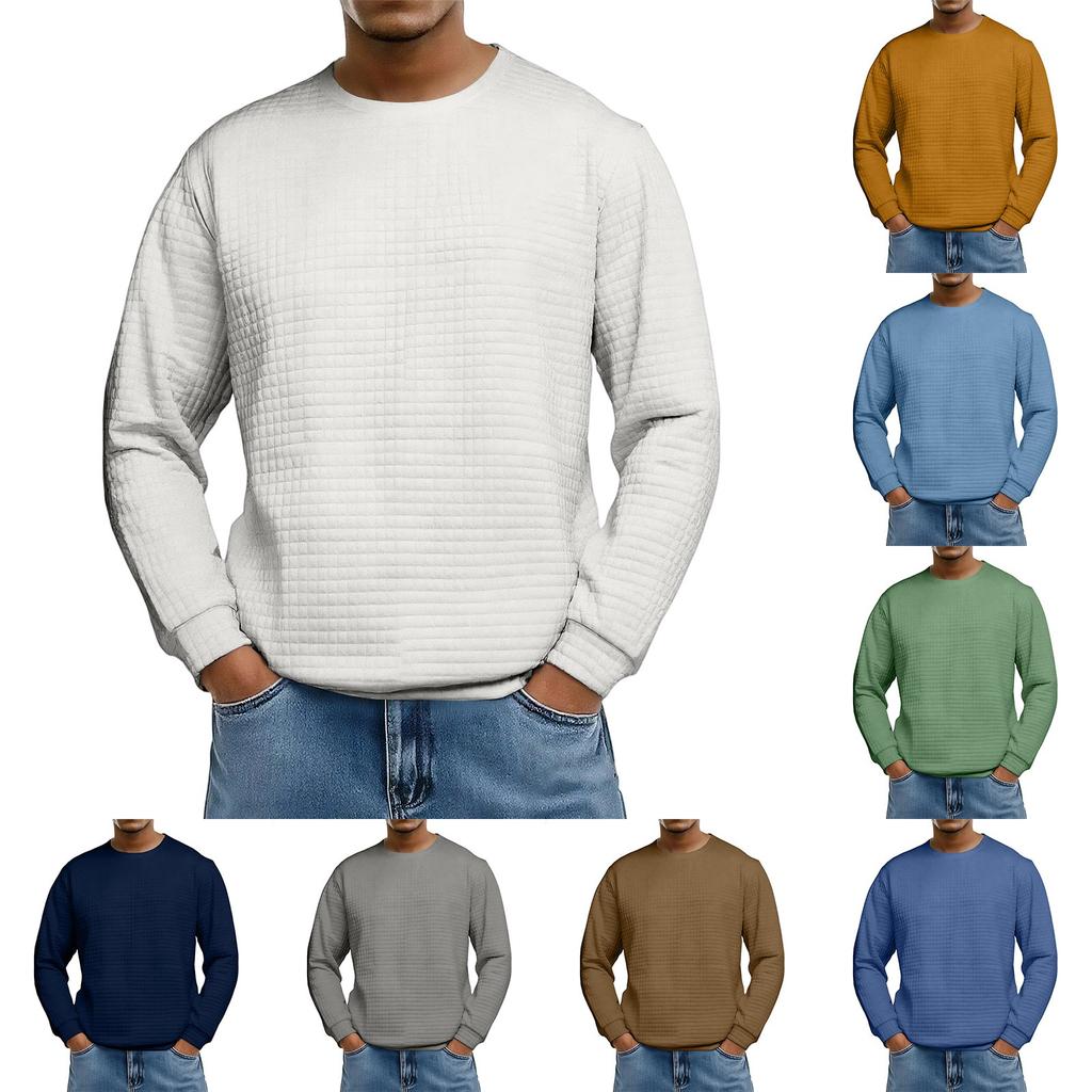 Men's Loose-fitting Casual Waffle-weave  Neck Long-sleeved Top