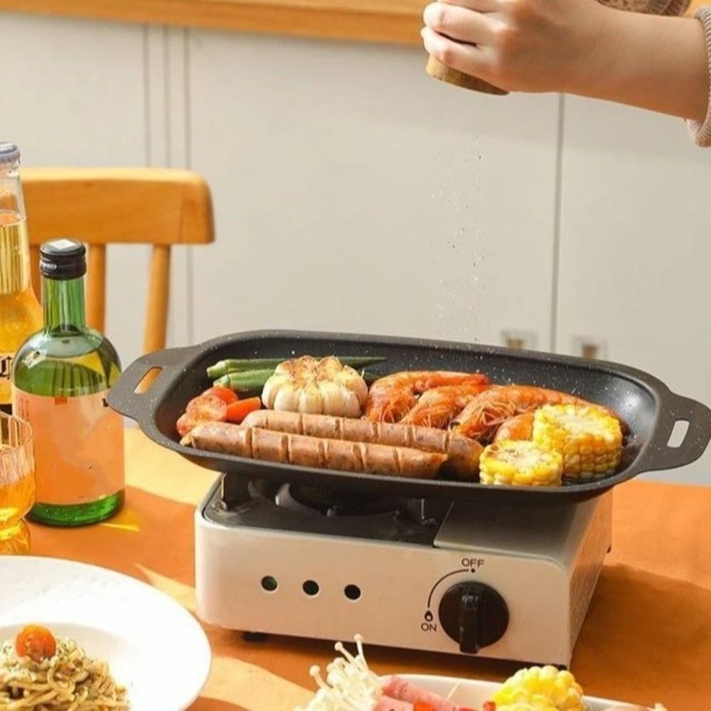 Portable Nonstick Grill Frying Pan Rectangular Large Capacity Grilled Fish Pan Deepened Double Handle Griddle Pan BBQ Stove