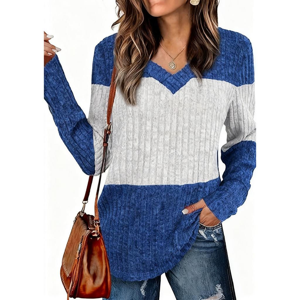 Women's V-neck Long-sleeved Patchwork Fitted Top T-shirt