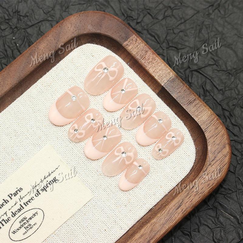 Cherry Bow Diamond Almond-Shaped Wearable Pink Ballet Nails - Handmade Fresh French Design