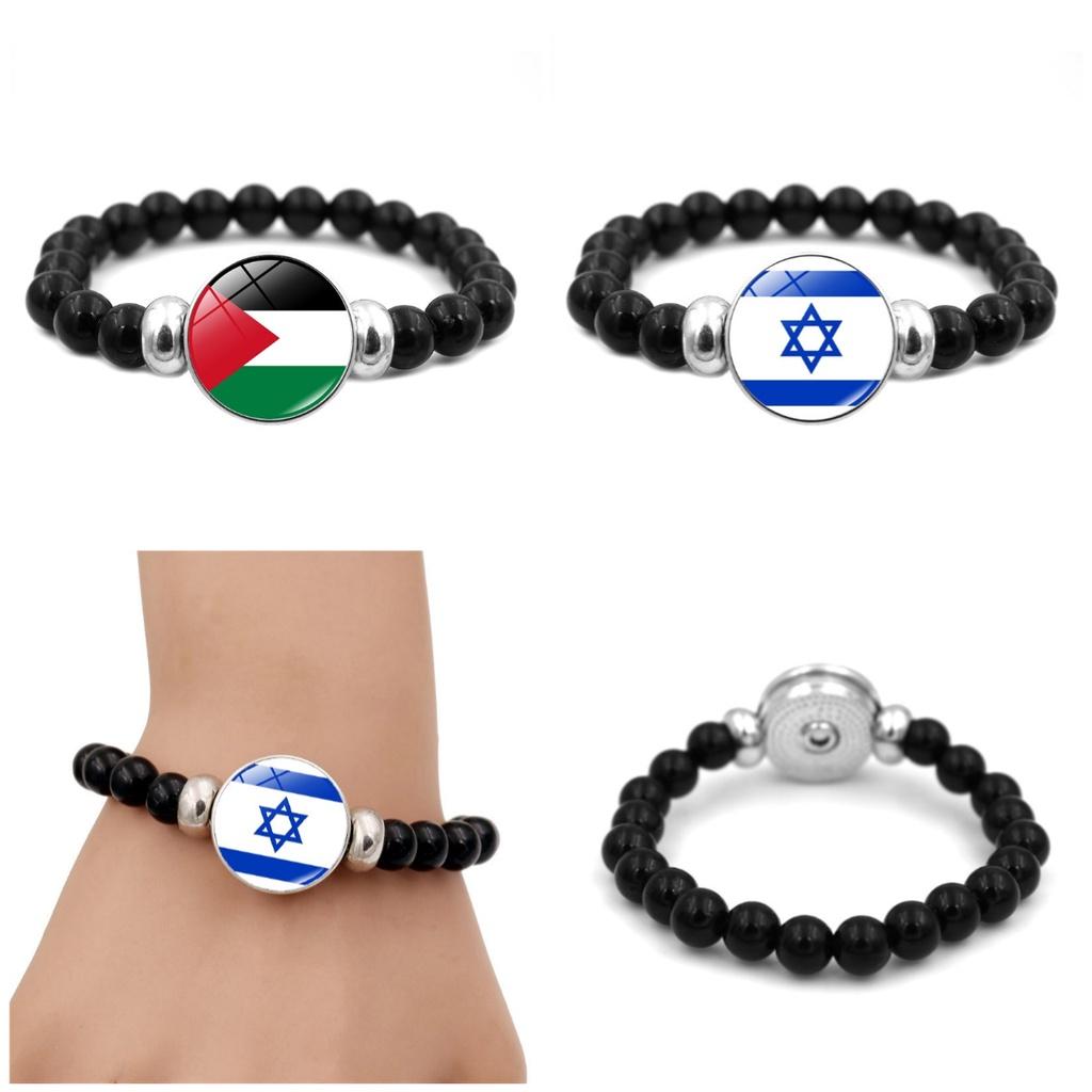 Israel Palestine Flag Gemstone Bracelet Unisex Black Beaded Jewelry Wholesale