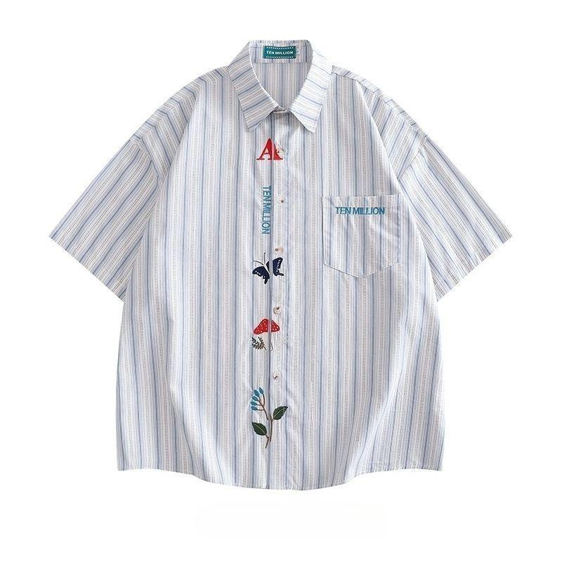 

Butterfly Embroidered Women s Striped Shirt Loose Woman s Casual Cardigan Tops Turn-down Collar Female s Pocket Top S