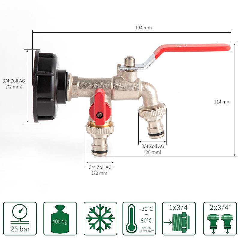 1 Stück Roter Griff 1/2 "" 3/4" "IBC Tank Metall Wasserhahn mit S60 Grobgewinde 1-2 Wege Adapter Kugelhahn Gartenzubehör Bewässerung