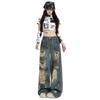 Trendy Graffiti Ripped Wide-Leg Jeans for Women - Autumn Wasteland Style