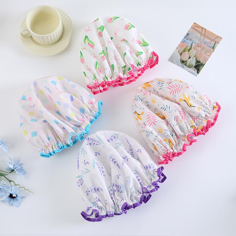 Flower Pattern Double Layer Shower Cap Waterproof Reusable Printed Bath Hair Bonnet For Women Ladies Spa Salon Home Travel Use