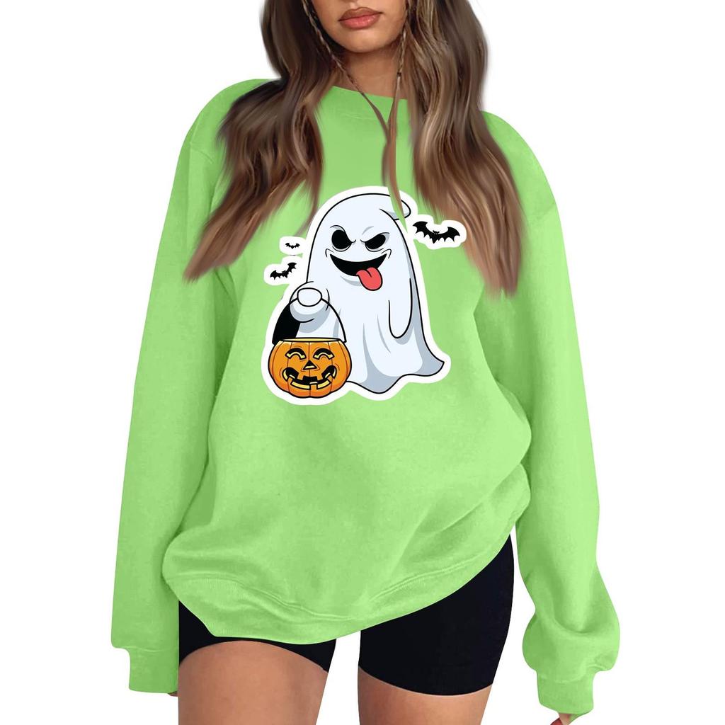 Women's Color Neck Long Sleeve Loose Fit Sweatshirt with Halloween Print