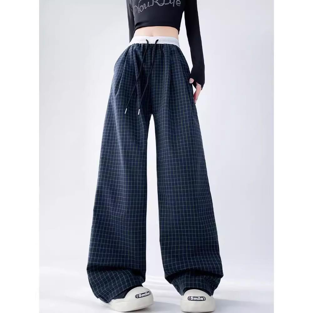 Damen High Waist Color Block Karomuster Weitbeinige Hosen für Frühling/Herbst - Lockere Passform, Kundenspezifische Länge, Gerades Bein, Casual-Stil