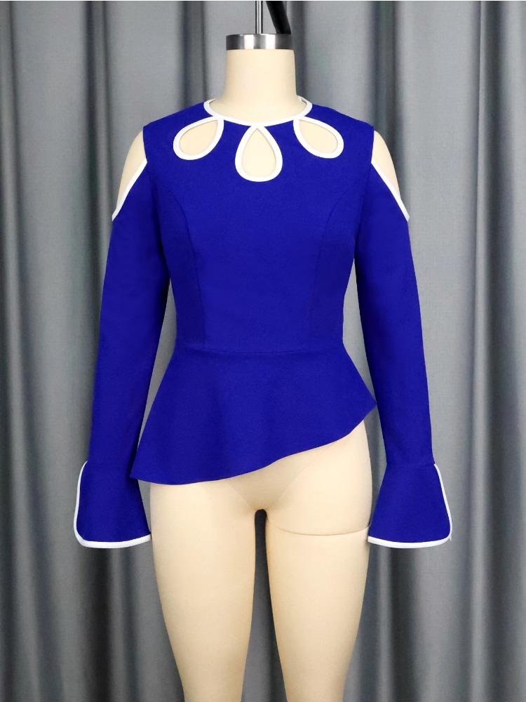 Elegant Women Party Blouse Shirt O Neck Long Flare Sleeve Irregular Peplum Belly Cover Cut Out  Fashion Tops Female Birthday New