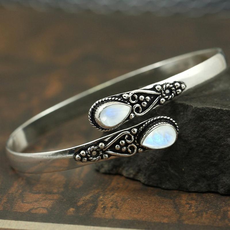 Vintage Ethnic Style Inlaid Imitation Natural Stone Bracelet Elegant Open Adjustable Bracelet Women Party Jewelry