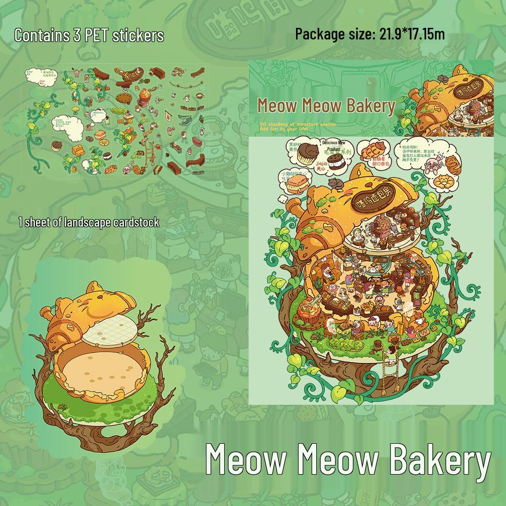 PET Large Format Meow Bakery Scenery Stickers - 3 Sheets for DIY Miniature Cartoon House & Fun Journaling