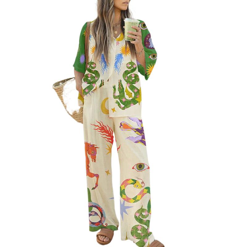 2025 European and American women's clothing cotton and linen printed shirt trousers fashion casual suit