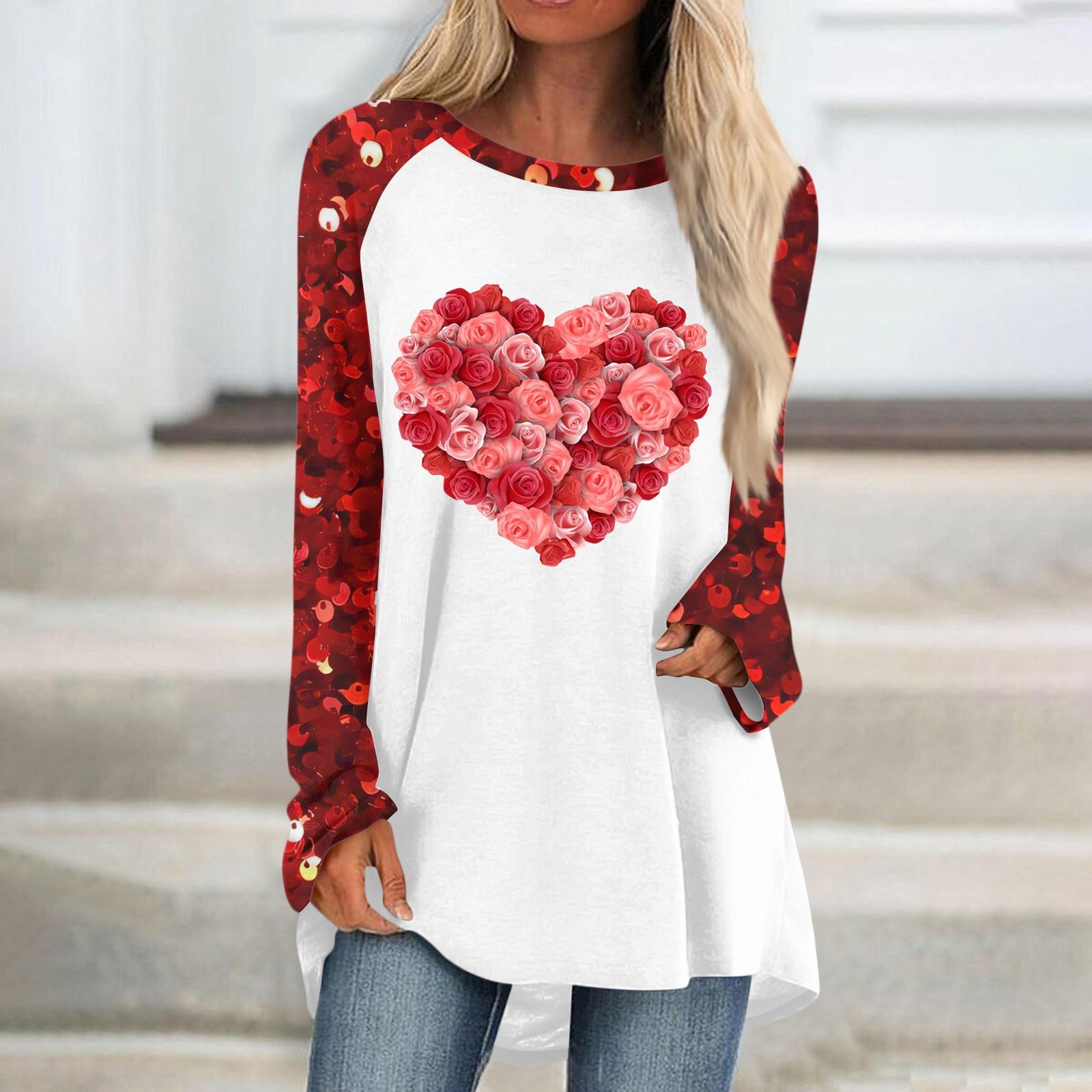 

Женский модный универсальный топ с длинным рукавом и средней длиной с принтом в виде сердечек ко Дню святого Валентина XL арбуз красный