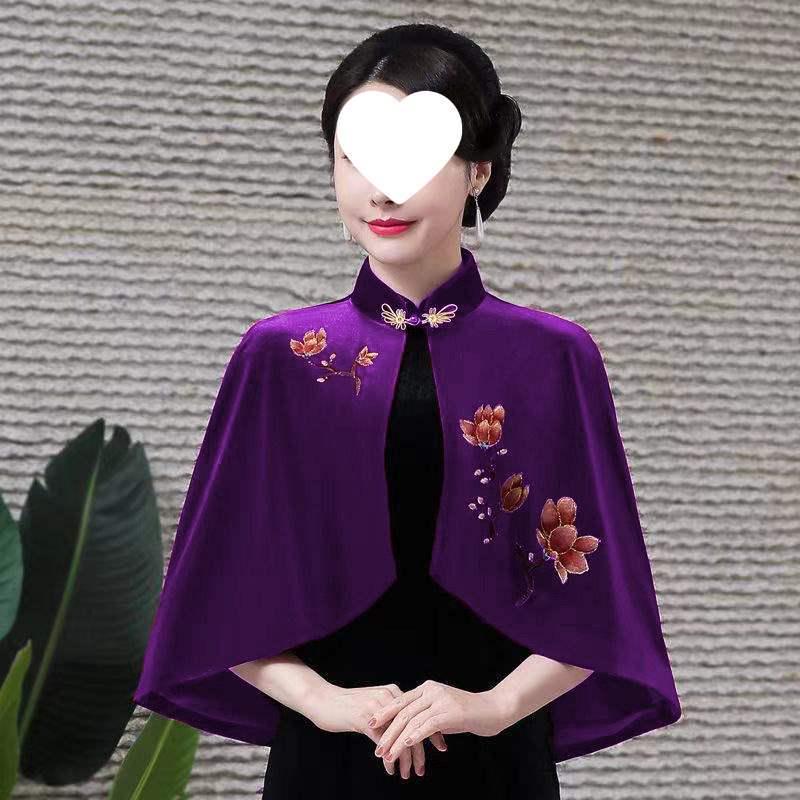 Elegant Women's Embroidered Gold Velvet Qipao Shawl Jacket Cape