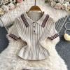Summer Women College Style Knitted Sweater Two Piece Set Girl Polo Collar Pullover Top and Mini Pleated Skirt Suit