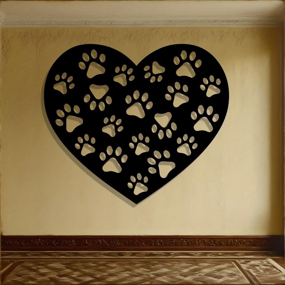 Paw Print Heart Metal Wall Art, Wrought Iron Black White Pet Decor Hanging Sign for Dog Owner Gift, Outdoor Durable, Easy Mounting Hardware Included