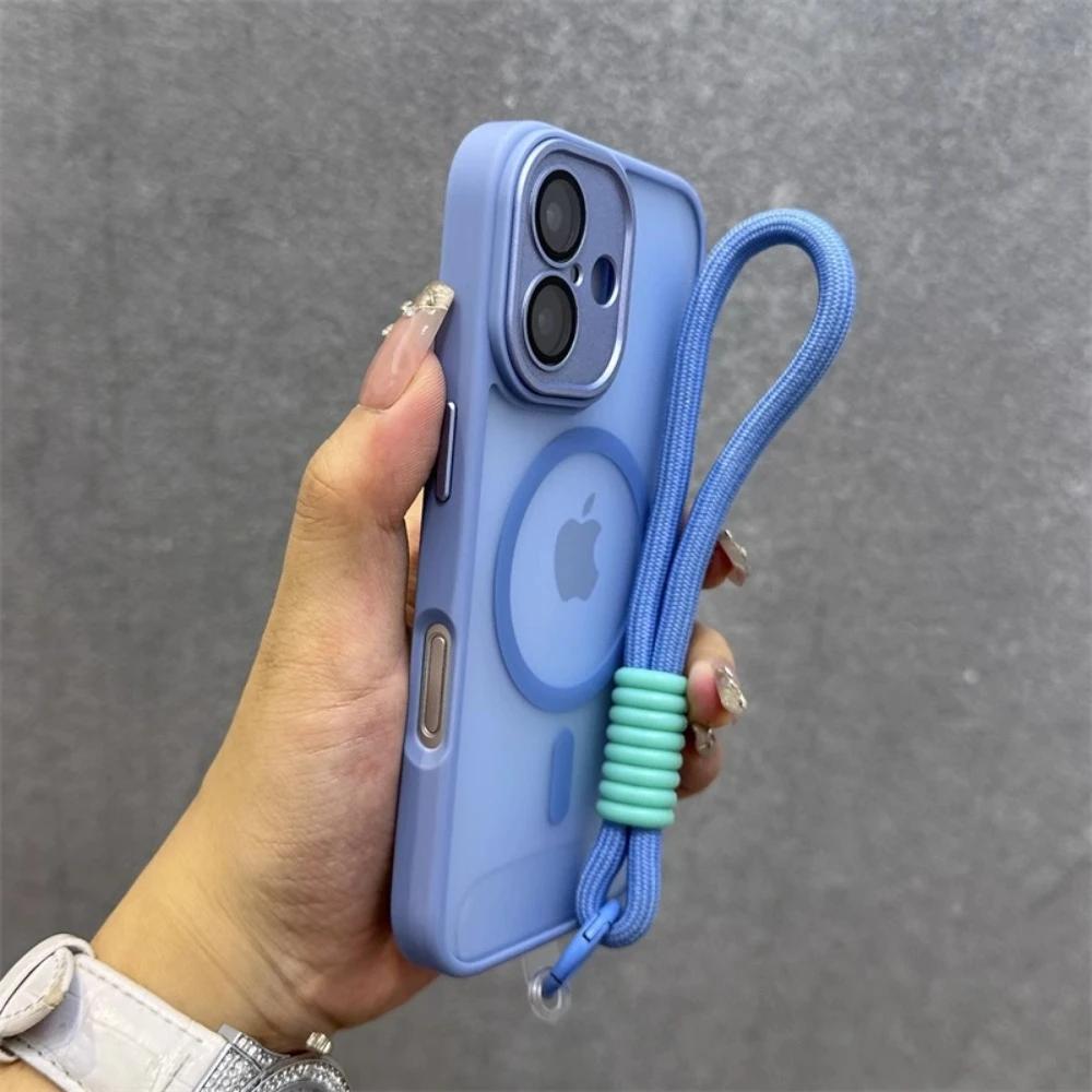 

Для Magsafe Прозора Контрастна Чохол-Ремінець Для iPhone 17 Pro 16 15 Pro Max 14 11 12 13 Ремінець на Руку/Зап ястя Матовий Прозорий Чохол For iphone 16Plus світло-синій колір
