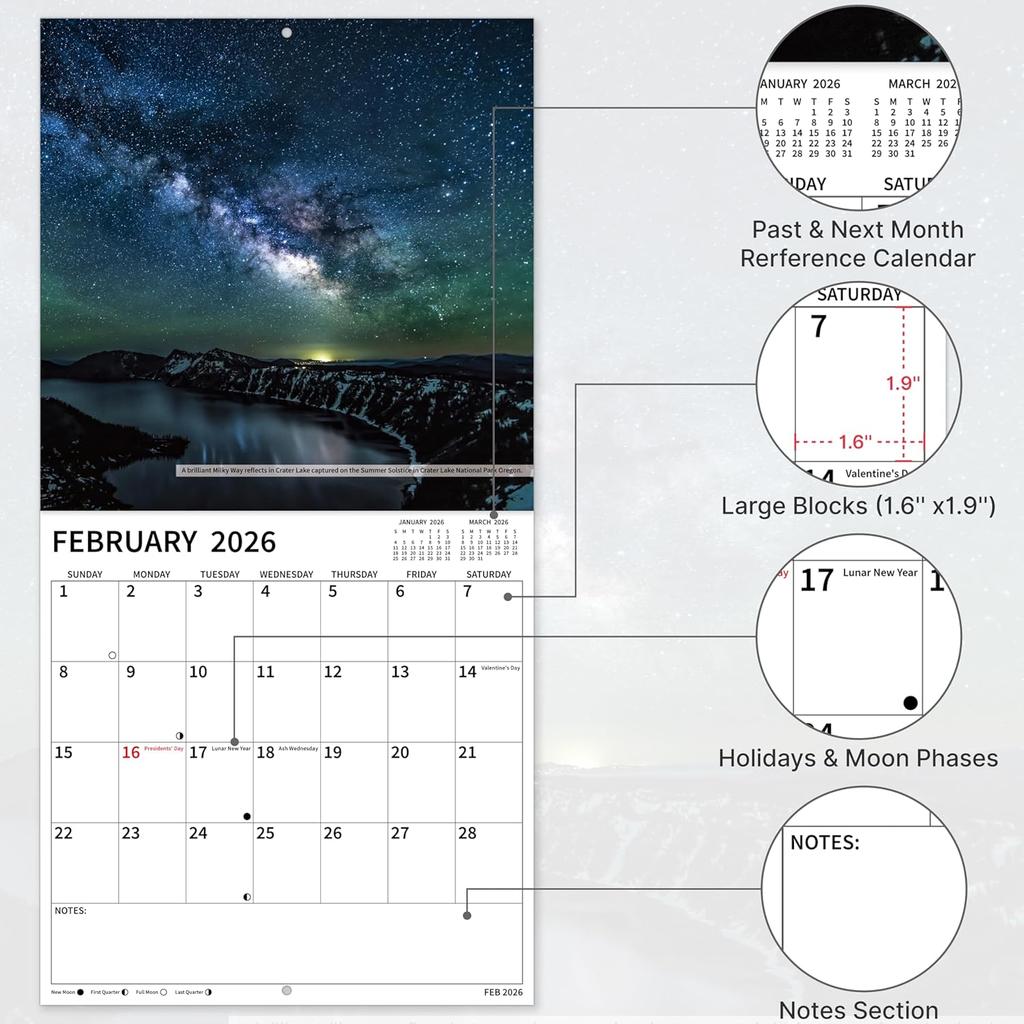 2026 Wall Calendar, 2026 National Parks Calendar, 12 Months from Jan 2026 - Dec 2026, 12" x 24" Open, Thick Paper, Hanging Holes, Large Blocks, Moon