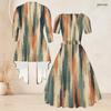 Women Plus Size Printed Two Piece Set Square Neck Short Sleeve Tie Waist Flared Dress Mid Sleeve Open Cardigan