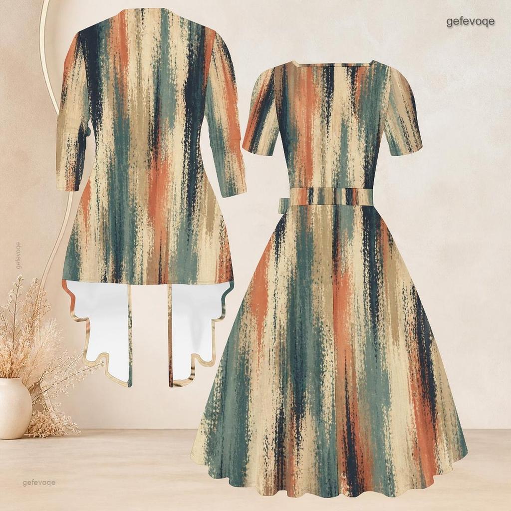 Women Plus Size Printed Two Piece Set Square Neck Short Sleeve Tie Waist Flared Dress Mid Sleeve Open Cardigan