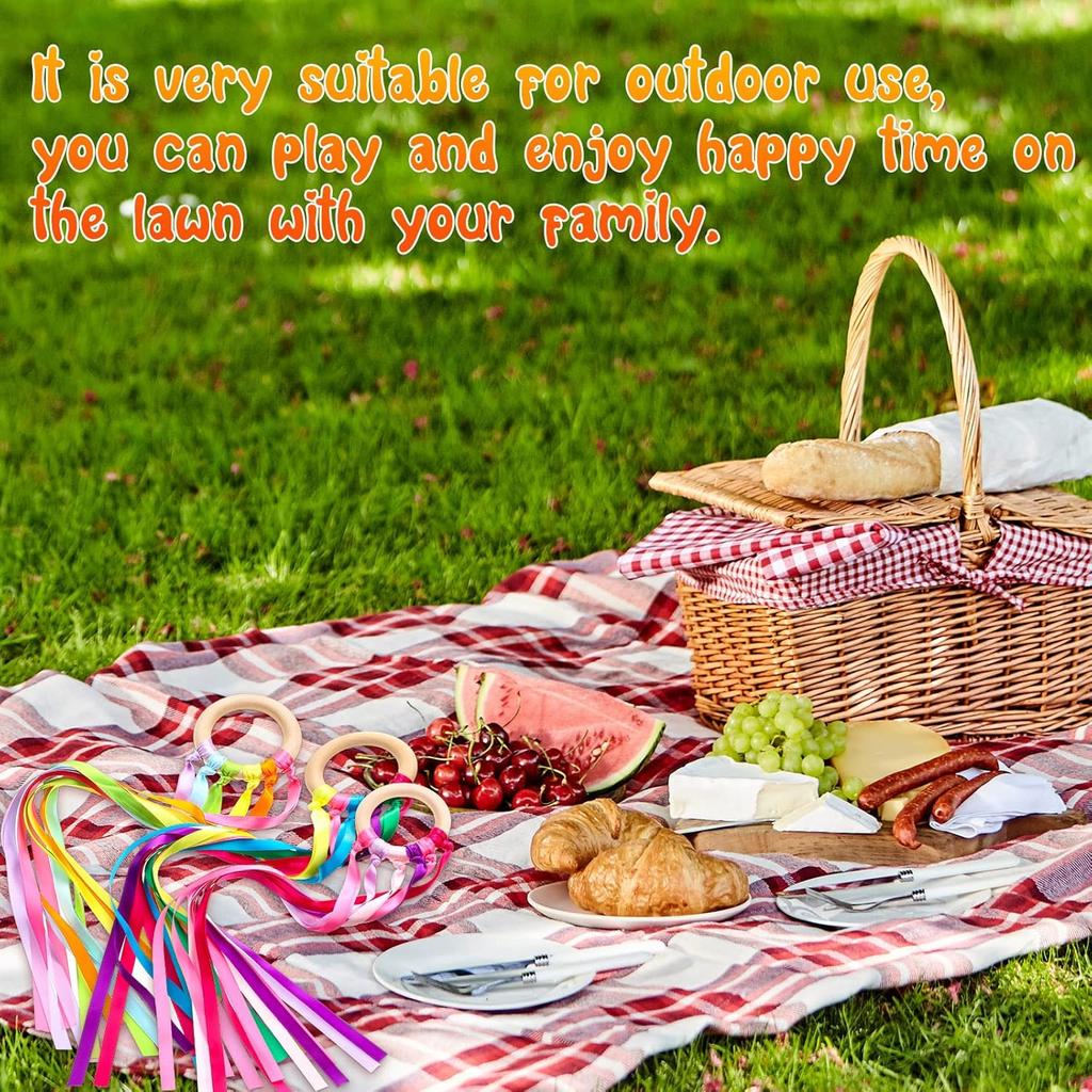 Junkin 24 Pcs Rainbow Hand Kite Waldorf Toys Creative Dancing Ribbon Streamer with Wood Ring Wrist Sensory Toys Learning Educational Toy for Playroom