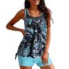 2Pcs/Set Women Summer Tankini Set O-Neck Sleeveless Padded Printing Tops Solid Color Mid-rise