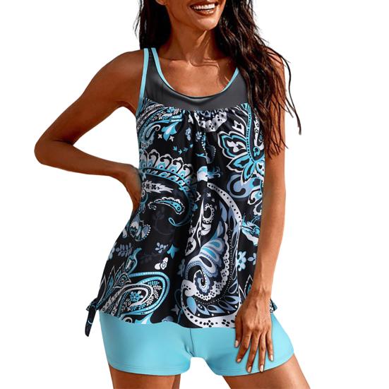 2Pcs/Set Women Summer Tankini Set O-Neck Sleeveless Padded Printing Tops Solid Color Mid-rise