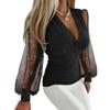 Sexy V Neck Pullover Shirt Office Lady Spring Autumn Blouse Elegant Solid Color Sequins Mesh Splicing Lantern Long Sleeve Tops
