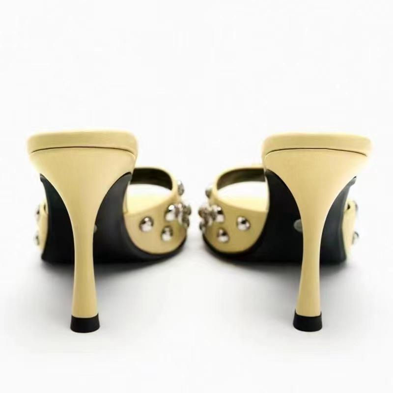 Fashion New Designer Large-sized Rivet Slippers for Export, Women's Outerwear Round Toe Exposed One-shoulder High Heels