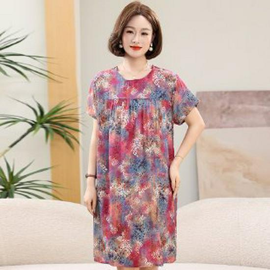 Summer Cotton Silk Knee-Length Floral Dress for Middle-Aged and Elderly Women - Short Sleeved, Lightweight, Plus Size, Loose Fit