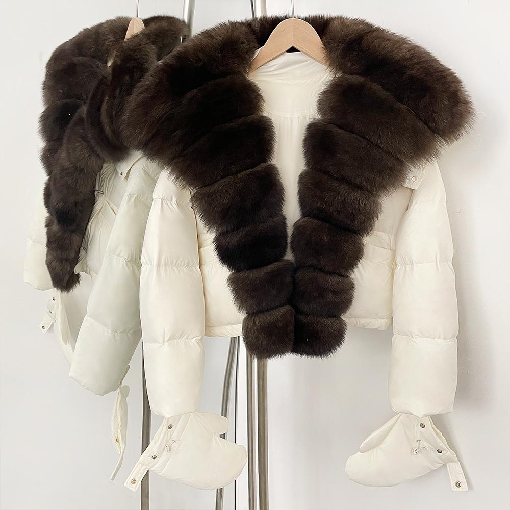 OFTBUY New Winter Top Clothes Women Short Hooded Big Real Fox Fur Down Coat Female Natural Fur Fluffy Puffer Jacket with Gloves