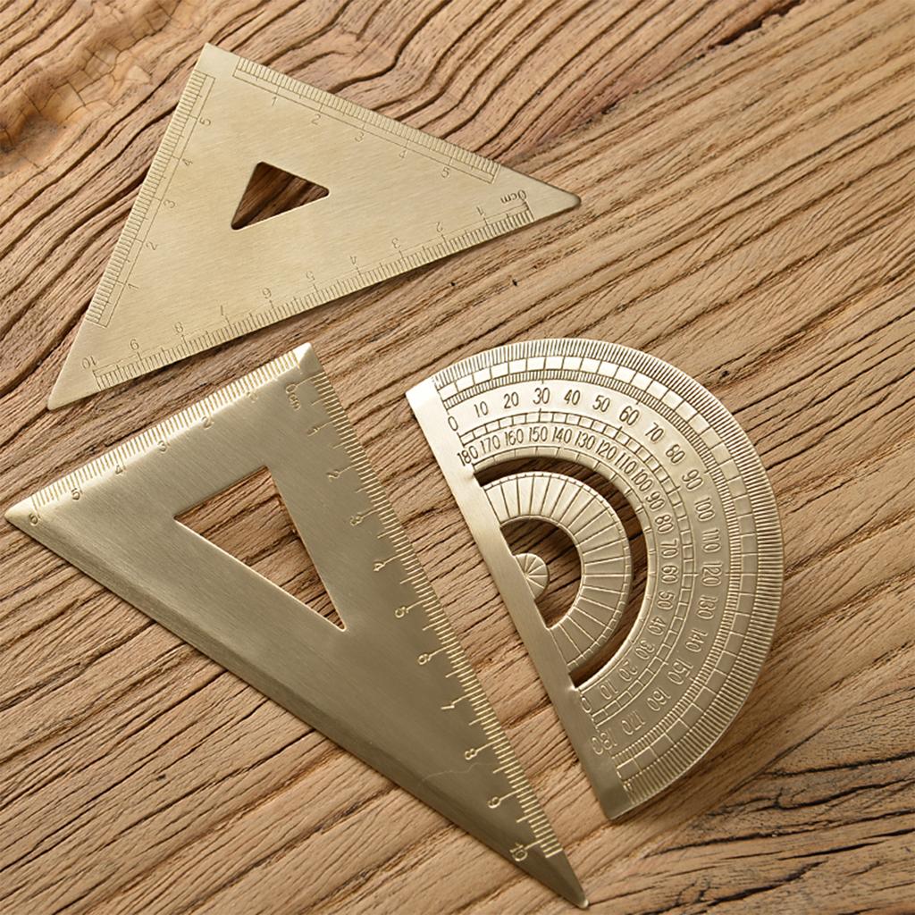 Vintage Brass Triangular Ruler Geometry Scale Ruler Math Semicircle Protractor Stationery Precision Measuring Tool