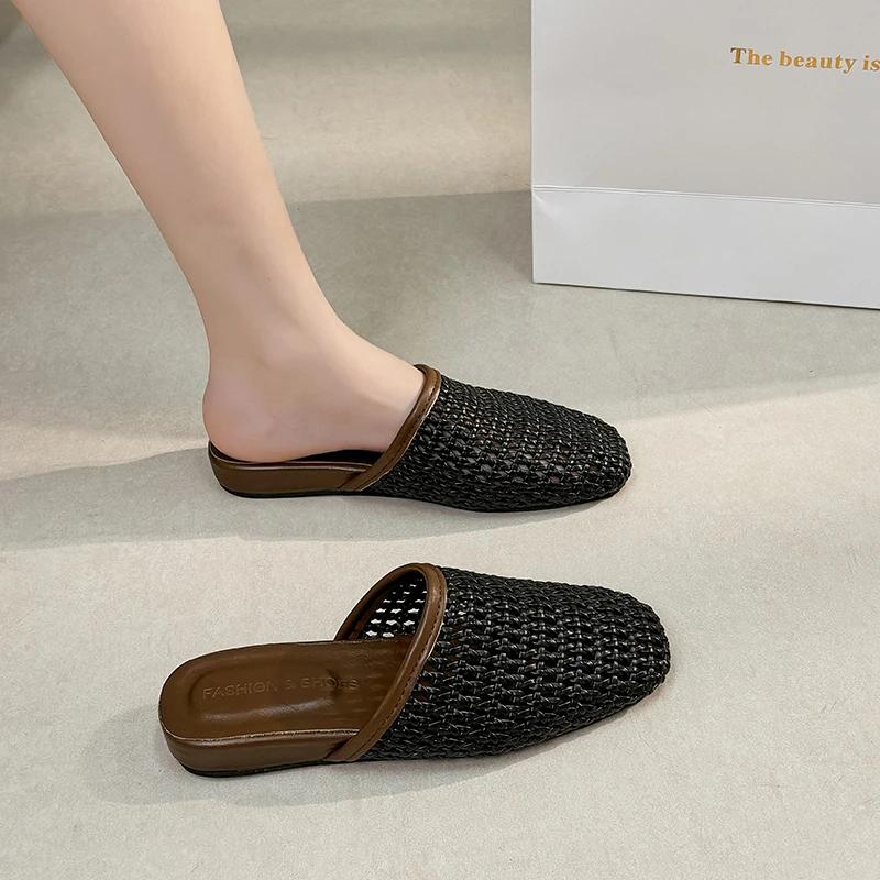 

Модные плетеные женские тапочки, повседневные лоферы, женские мюли, плоские сандалии, тренд лета 2025, комфорт, мягкая кожа, неглубокие туфли 40 чёрный