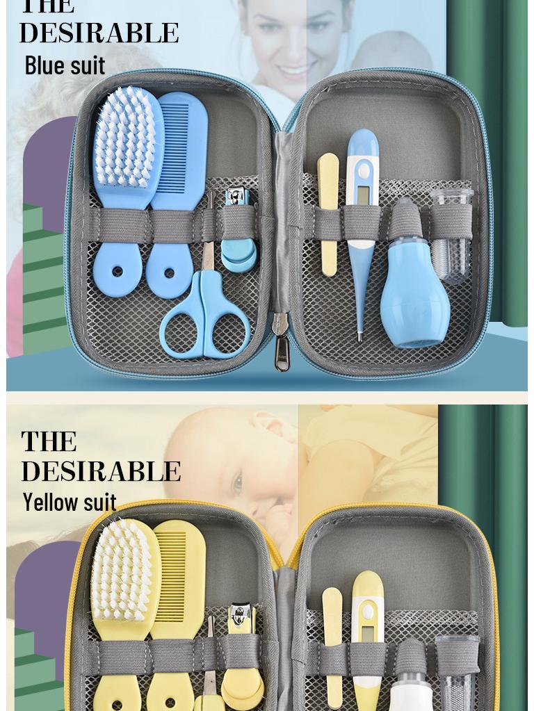 EVA Baby Care Set: 8-Piece Kit with Nasal Aspirator, Nail Clippers, and Cartoon Design