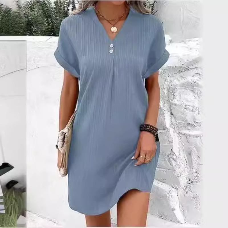 New Style V-neck Temperament Women's Short-sleeved Long Skirt Pullover Casual Button Dress Comfortable and Versatile Trend A-line Skirt Spot A167#