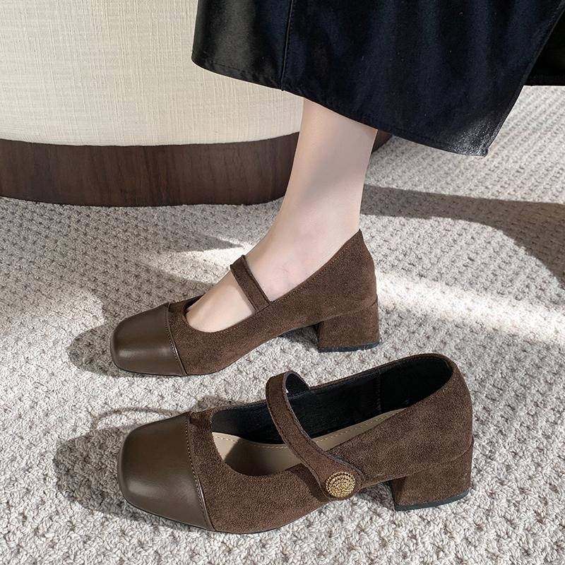 2025 New Thick Heel Mary Jane Single Shoes Women's New Spring French Mid Heel Evening Black Square Head Small Shoes
