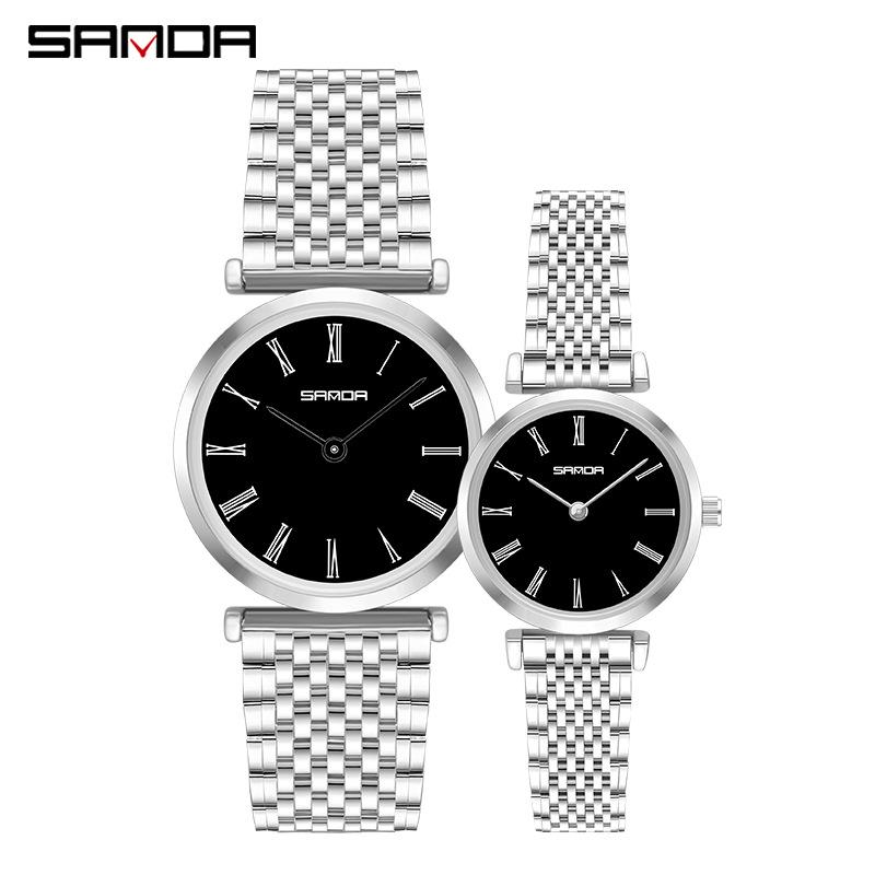 Sanda Trendy Diamond Roman Numeral Couple Watches - Steel Band, Waterproof Women's Wristwatch