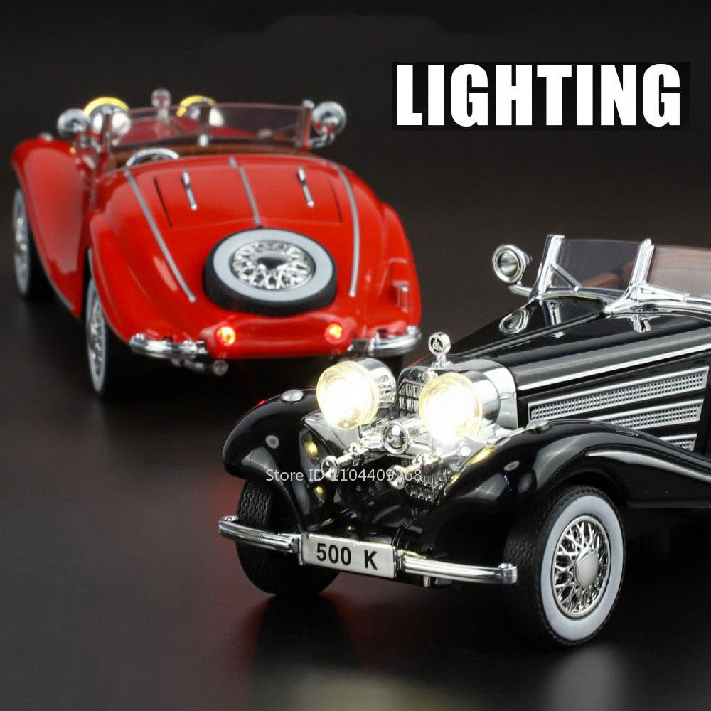 1:32 500K 300SL Vintage Car Model Toy Shock Absorption Alloy Diecast Vehicle Models Sound Light Pull Back Collection Kids Gifts