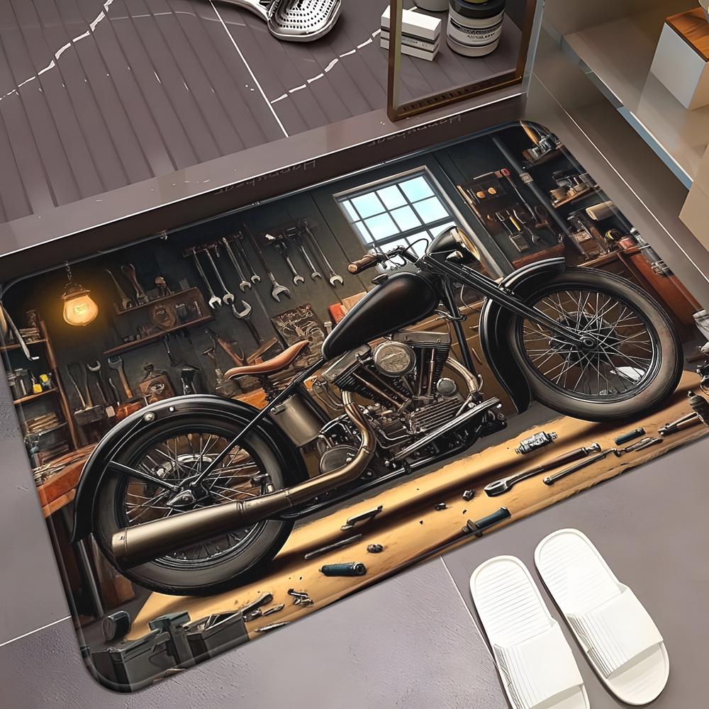 Retro Motorcycle Workshop Design Area Rug - For Bathroom, Garage, Entryway - Vintage Bike Decor Indoor/Outdoor Mat