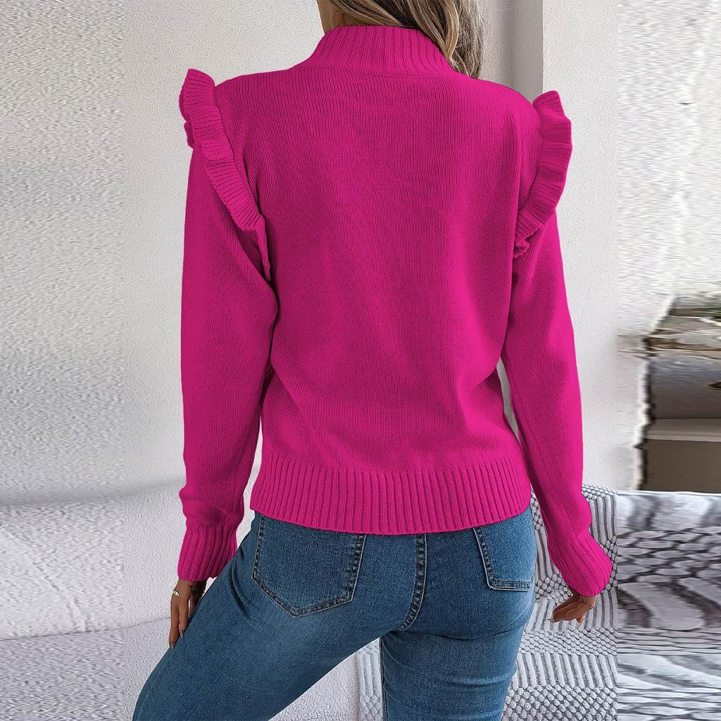 Women's Solid Color Fungus Edge Long Sleeve Stand-up Collar Pullover Sweater