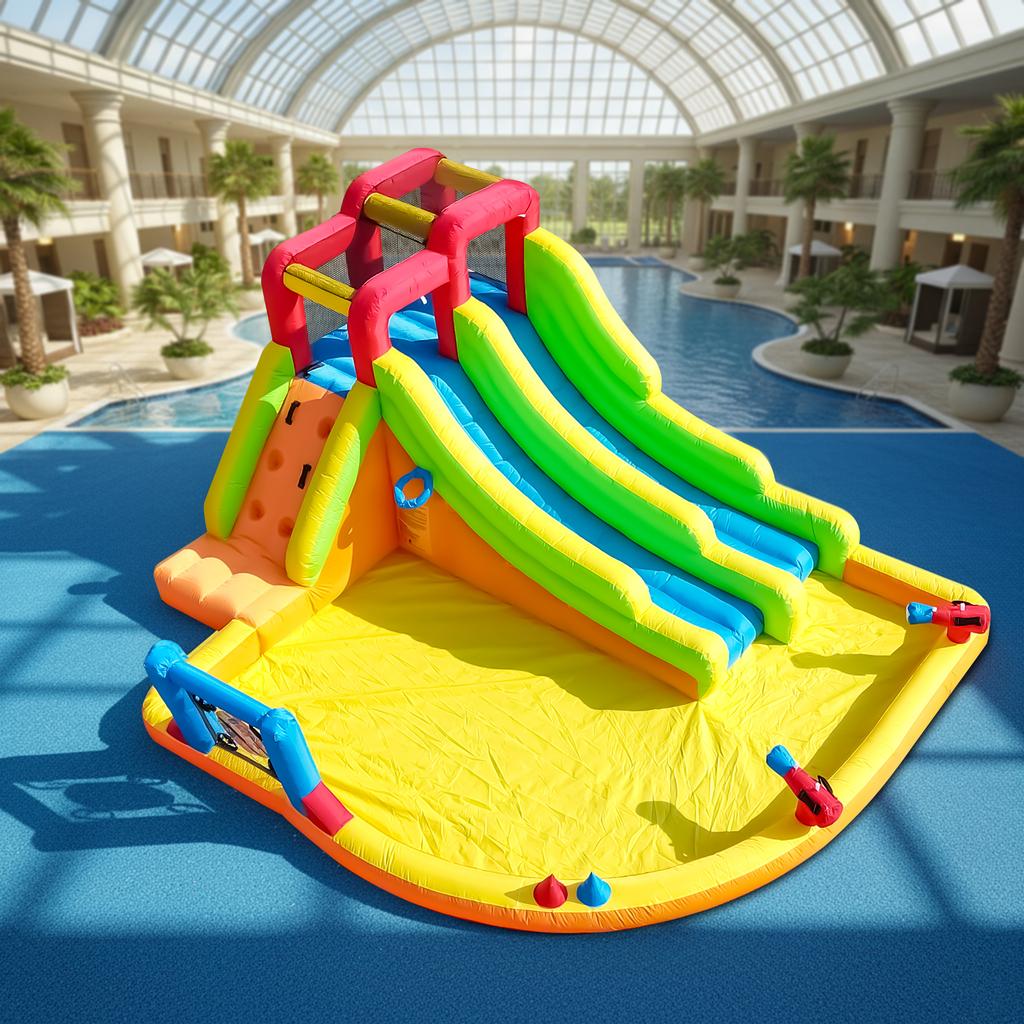 Tobogán de Agua Inflable Doble Carril Bouncer Combo Casa de Brincar con Piscina de Agua, Trampolín, Red de Tiro, Canasta, Escalada