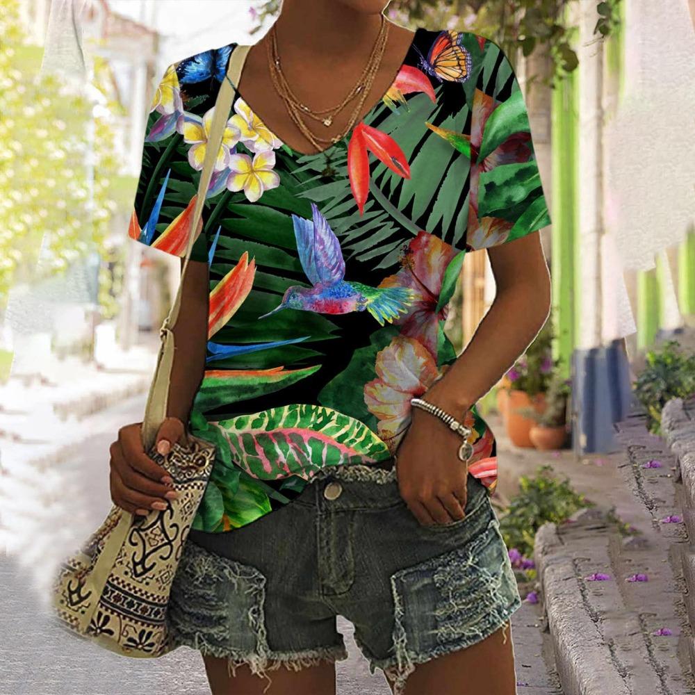 T-shirt con Stampa 3D di Piante Tropicali Floreali Pappagallo da Donna Scollo a V Manica Corta Oversize Harajuku Y2k Top Magliette Abbigliamento Donna