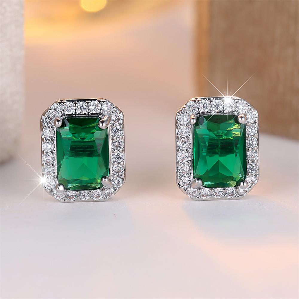 Green Zircon Luxury Crystal Square Stone Small Stud Earrings For Women Vintage Silver Color Versatile Jewelry Wedding Party Gift