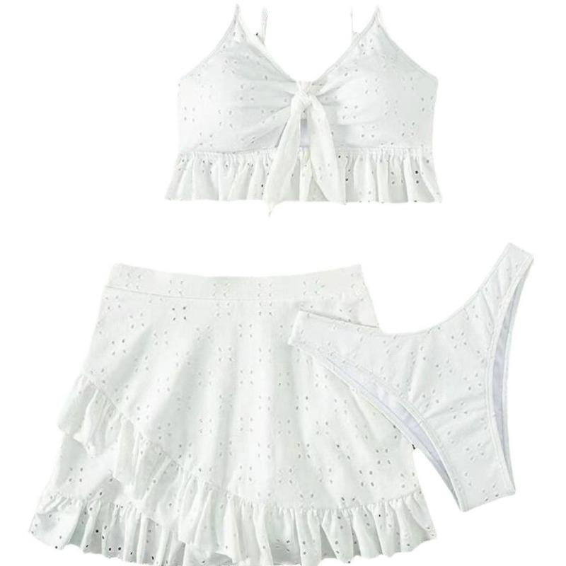 Women's Solid Black Eyelet Lace Ruffle Hem 2 Piece Bikini Set with Skirt