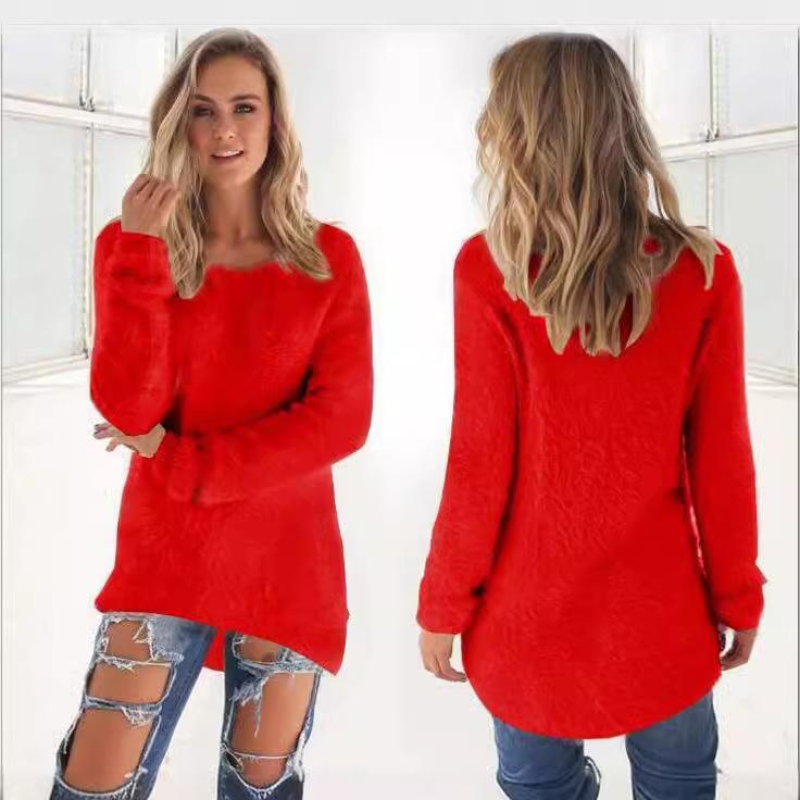 Women's Solid Color Fuzzy Plush Crew Neck Long Sleeve Loose Casual Pullover Sweater Top
