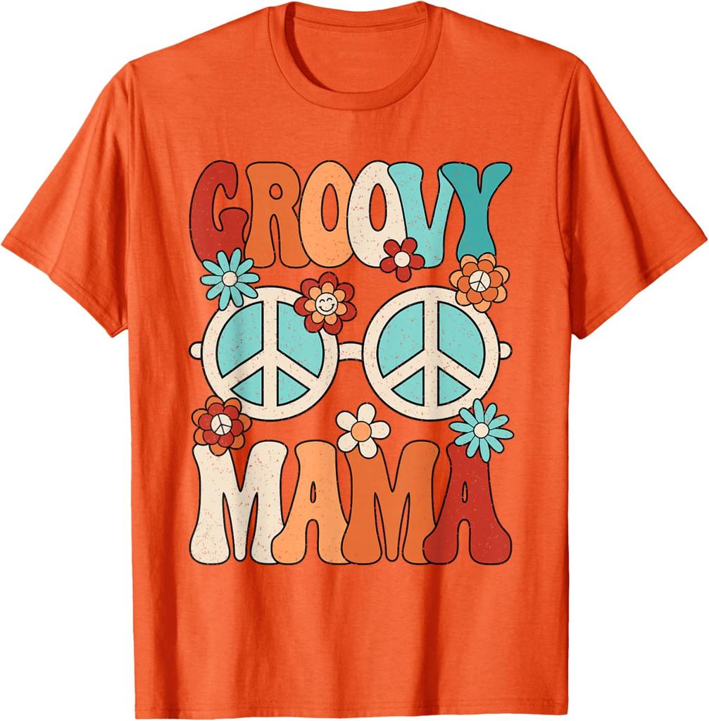 Groovy Mama Peace Sign Flowers Retro Hippie Graphic Tee Women's Casual Trip T-Shirt
