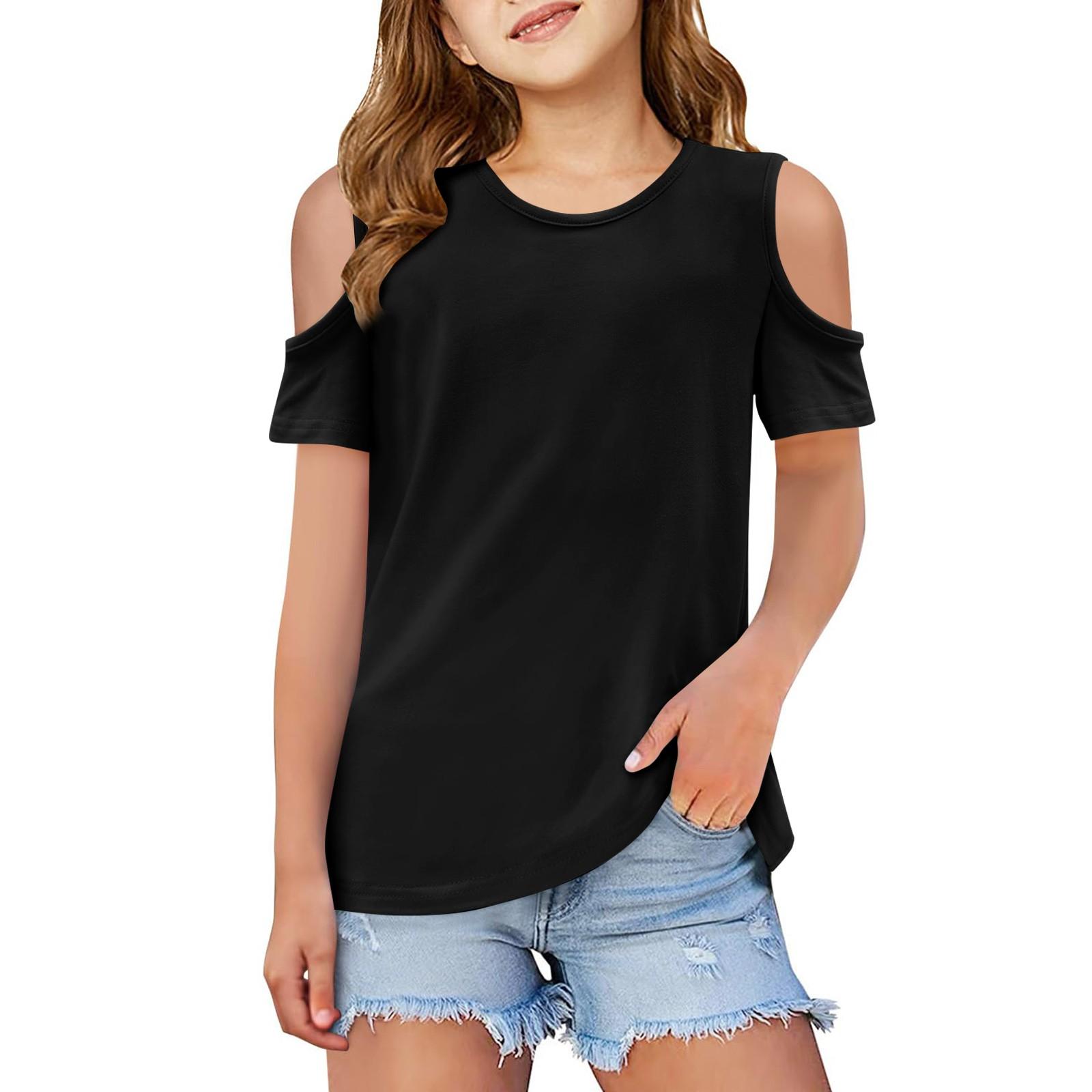 

Летняя детская мода футболка с открытыми плечами и круглым вырезом 100 чёрный